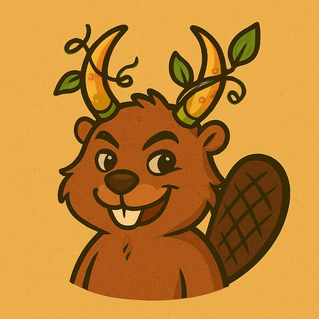 A smiling cartoon beaver with leafy antlers on a golden background